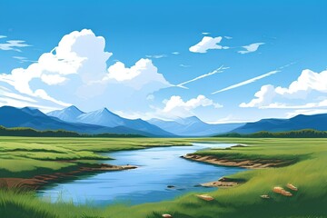 Illustration of a landscape with green grassland with a small river in middle and mountains in background.