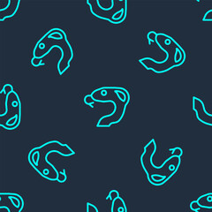 Green line Snake icon isolated seamless pattern on blue background. Vector