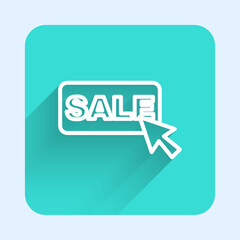 White line Price tag with an inscription Sale icon isolated with long shadow background. Badge for price. Promo tag discount. Green square button. Vector