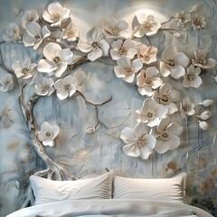 3D artistic floral wall painting, blooming flowers with delicate details.
