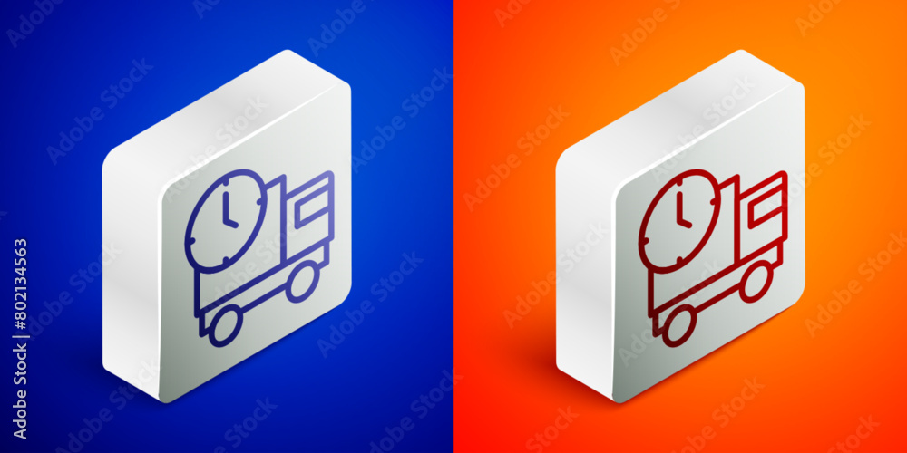 Sticker Isometric line Logistics delivery truck and time icon isolated on blue and orange background. Delivery time icon. Silver square button. Vector