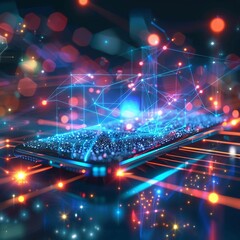 3D data transfer from smartphone to the world, glowing streams of information.