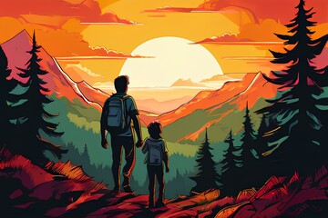 Fototapeta premium Family hiking in forest looking at the mountain view in the style of pop art-inspired visual.