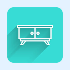White line Furniture nightstand icon isolated with long shadow background. Green square button. Vector