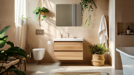 Fototapeta premium A bathroom with a white sink and a toilet. The sink is in front of a mirror. There is a potted plant in the bathroom