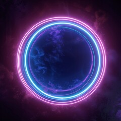 3D illustration of a pulsating neon circle at the center, dark background.