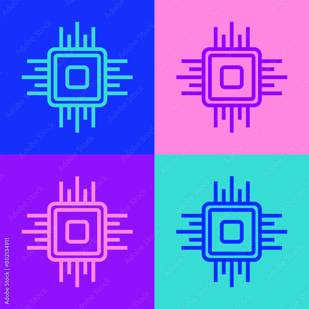 Poster pop art line computer processor with microcircuits cpu icon isolated on color background. chip or cp