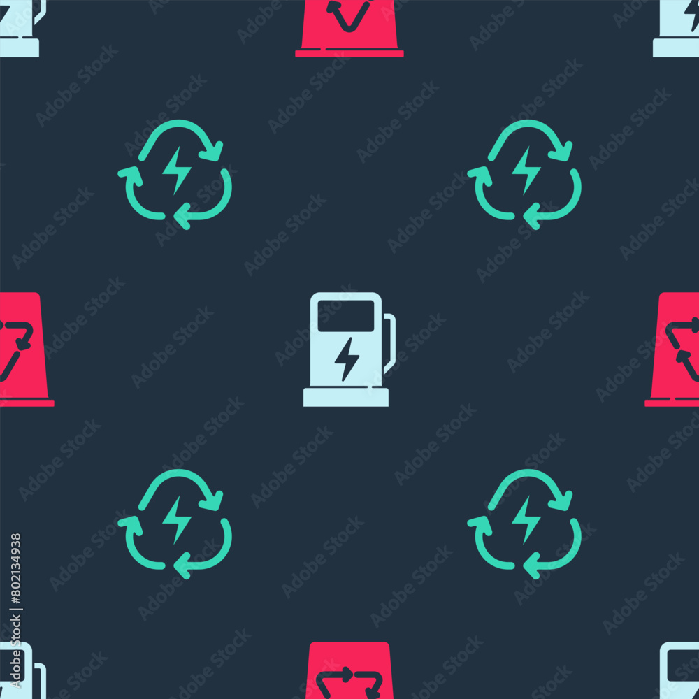 Poster Set Recycle bin with recycle, Electric car charging station and Battery on seamless pattern. Vector