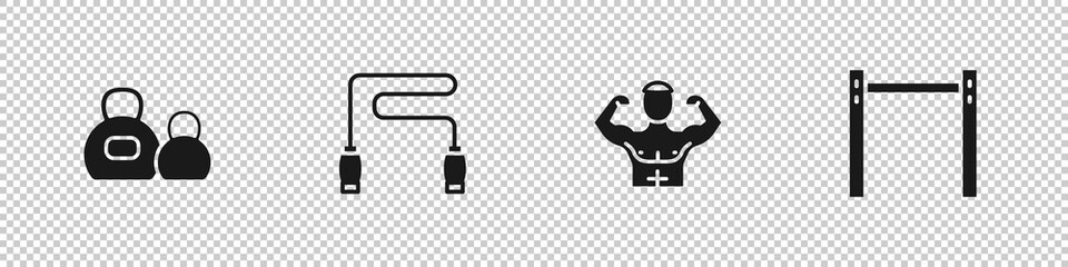 Set Kettlebell, Jump rope, Bodybuilder muscle and Horizontal bar icon. Vector