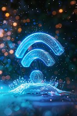 Obraz premium 3D model of a luminous Wi-Fi sign surrounded by digital particles, azure blue background, concept of wireless communication.