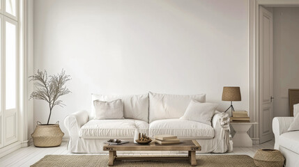 A white living room with a couch, coffee table, and a potted plant. The room is clean and uncluttered, giving off a calm and inviting atmosphere