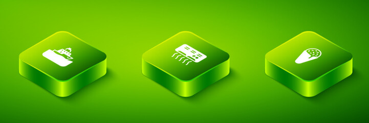 Set Isometric Air conditioner, Ice cream in waffle cone and Cruise ship icon. Vector