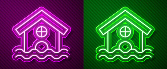 Glowing neon line House flood icon isolated on purple and green background. Home flooding under water. Insurance concept. Security, safety, protection, protect concept. Vector