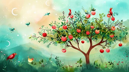 A whimsical watercolor painting of a lush apple tree in a rolling green field