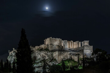 Night skyline of Acropoli in Athens, Greek,dark sky with full moon