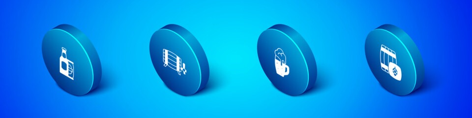 Set Isometric Beer bottle and beer can, Glass of, Wooden barrel and icon. Vector