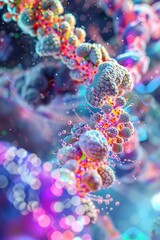 3D render of cellular metabolism, vibrant fluorescent tagging.