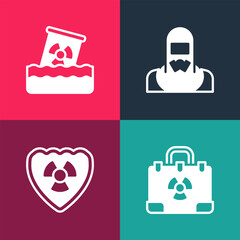 Set pop art Radiation nuclear suitcase, Radioactive in shield, Nuclear reactor worker and waste barrel icon. Vector