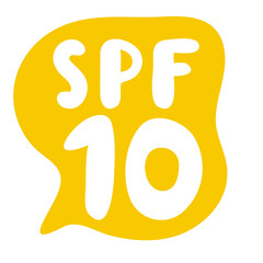 SPF 10. Flat design. Yellow hand drawn badge, Vector illustration on white background.