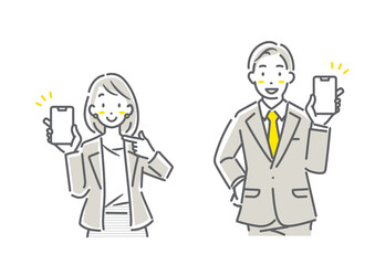 スマホの画面を見せるビジネスパーソン　シンプルでお洒落な線画イラスト