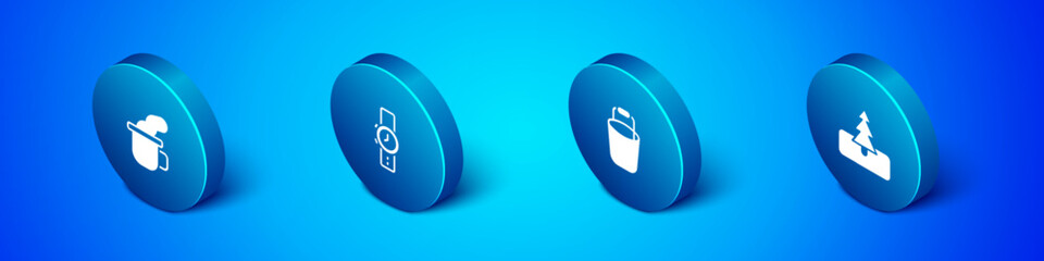 Set Isometric Cup of tea, Bucket, Tree and Wrist watch icon. Vector