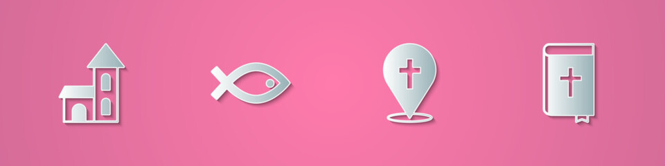 Fototapeta premium Set paper cut Church building, Christian fish symbol, Location church and Holy bible book icon. Paper art style. Vector