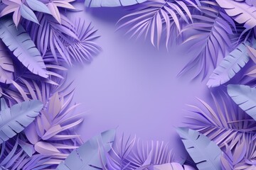 Soft lilac tones dominate this image, with tropical leaves providing a delicate frame around a generous copy space, ideal for soothing designs or gentle branding purposes.