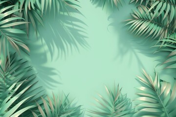 Fototapeta na wymiar This serene green backdrop is beautifully framed with detailed tropical leaves, offering ample copy space for text. Ideal for environmental or wellness projects seeking a natural and calming aesthetic