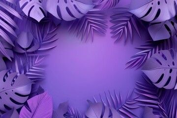 This image showcases a luxurious arrangement of tropical leaves in varying shades of purple, offering a large central copy space for text or other elements. Ideal for stylish, modern design projects t