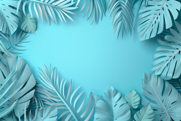 Fototapeta na wymiar A cool teal monochrome background featuring a lush arrangement of tropical leaves, perfectly designed for visual impact with generous copy space, suitable for vibrant, modern graphic projects.