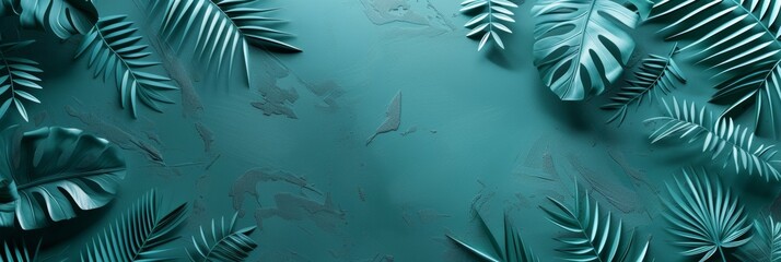 Featuring a textured teal background with tropical leaf overlays, this image offers a rich visual texture and ample copy space, ideal for distinctive and artistic presentations in design or advertisin