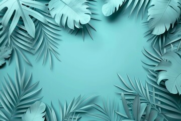A cool teal monochrome background featuring a lush arrangement of tropical leaves, perfectly designed for visual impact with generous copy space, suitable for vibrant, modern graphic projects.