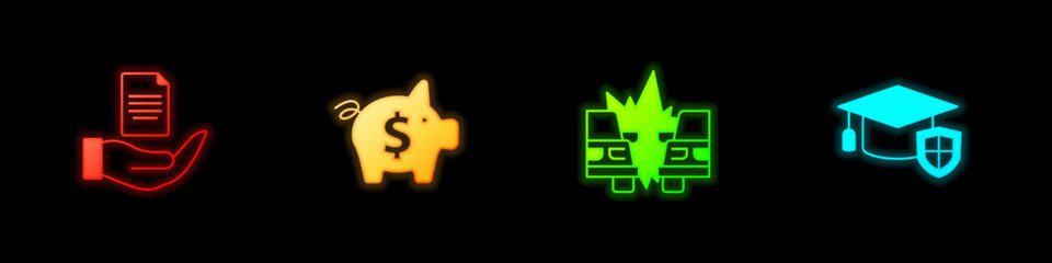 Set Contract in hand, Piggy bank, Car accident and Graduation cap with shield icon. Vector