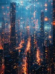 A technologically advanced urban cityscape transformed by quantum computing.