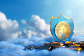 Golden Bitcoin emblem shielded by a blue protective cover floating among clouds, financial security and digital currency protection in the concept of cryptocurrency investment and safeguarding.