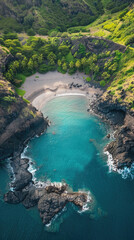 A beautiful blue ocean with a rocky shoreline and a small island in the distance