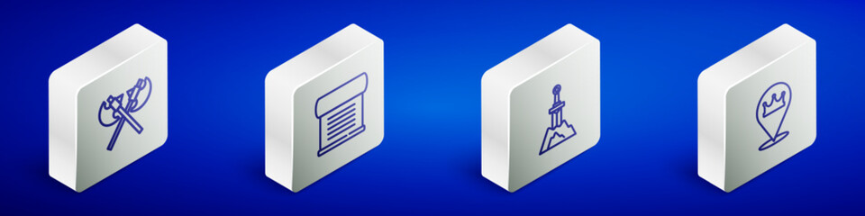 Set Isometric line Crossed medieval axes, Decree, parchment, scroll, Sword in the stone and Location king crown icon. Vector