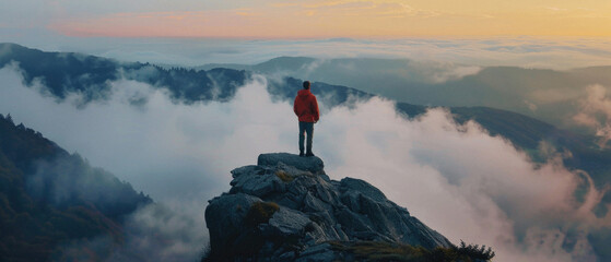 A man stands on a mountain top, looking out over the clouds