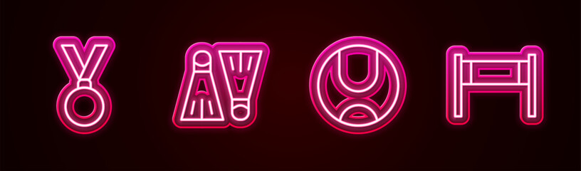 Set line Medal, Rubber flippers for swimming, Tennis ball and Volleyball net. Glowing neon icon. Vector © Kostiantyn