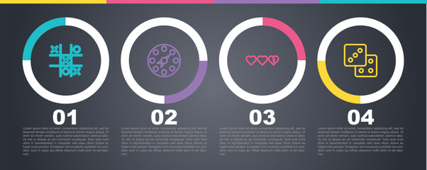 Set line Tic tac toe game, Twister, Hearts for and Game dice. Business infographic template. Vector