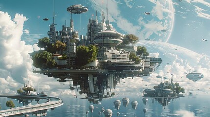 A beautiful digital painting of a futuristic city floating above the clouds