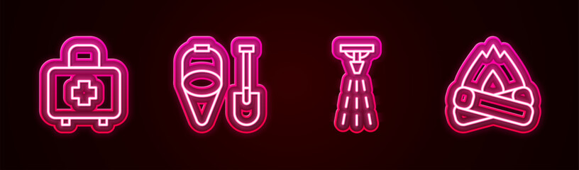 Set line First aid kit, Fire shovel and bucket, sprinkler and Campfire. Glowing neon icon. Vector