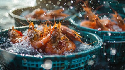 A group of shrimp are in a blue bowl with water