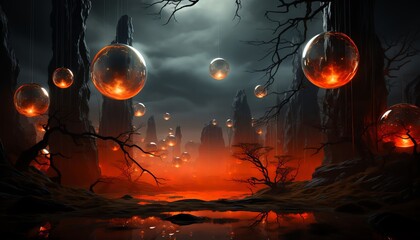 Surreal graphic design stock photo featuring floating glowing orbs over an eerie, dark landscape, symbolizing magic and the unknown
