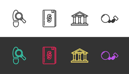 Set line Footsteps, Law book, Courthouse building and Ball on chain on black and white. Vector