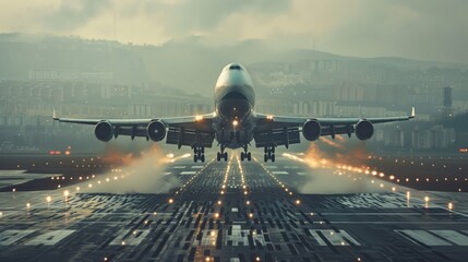 the powerful moment of the cargo plane's takeoff, with runway markings and natural landscapes...