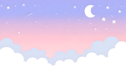 A sky with a purple and blue background and a white moon. The sky is filled with stars and a shooting star. Generative AI