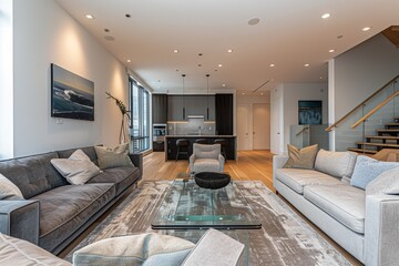 A contemporary living room filled with furniture, featuring a staircase and a sleek glass table in the center