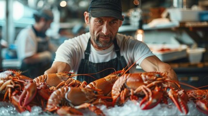 A man is holding a bunch of lobsters in a freezer - Powered by Adobe