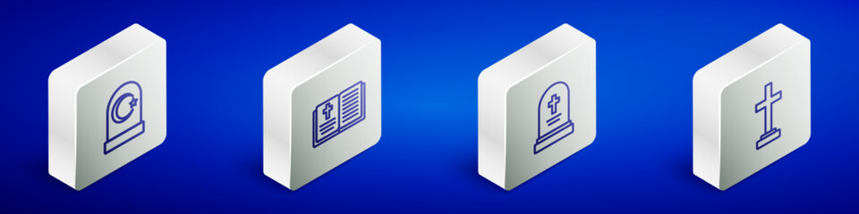 Set Isometric line Muslim cemetery, Holy bible book, Grave with tombstone and cross icon. Vector